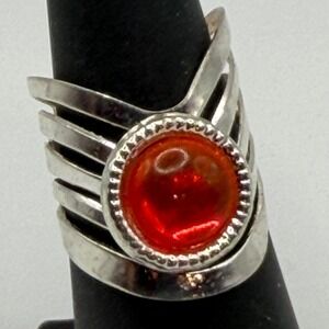 Silver Tone Wide Band Ring Red Cabochon Statement Adjustable Size 5.5-6